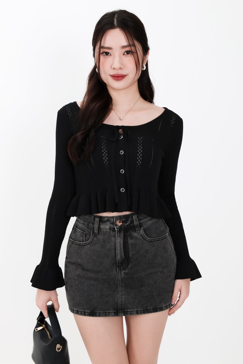 Phelia Pointelle Knit Cardigan Top in Black Phelia Pointelle Knit Cardigan Top in Black