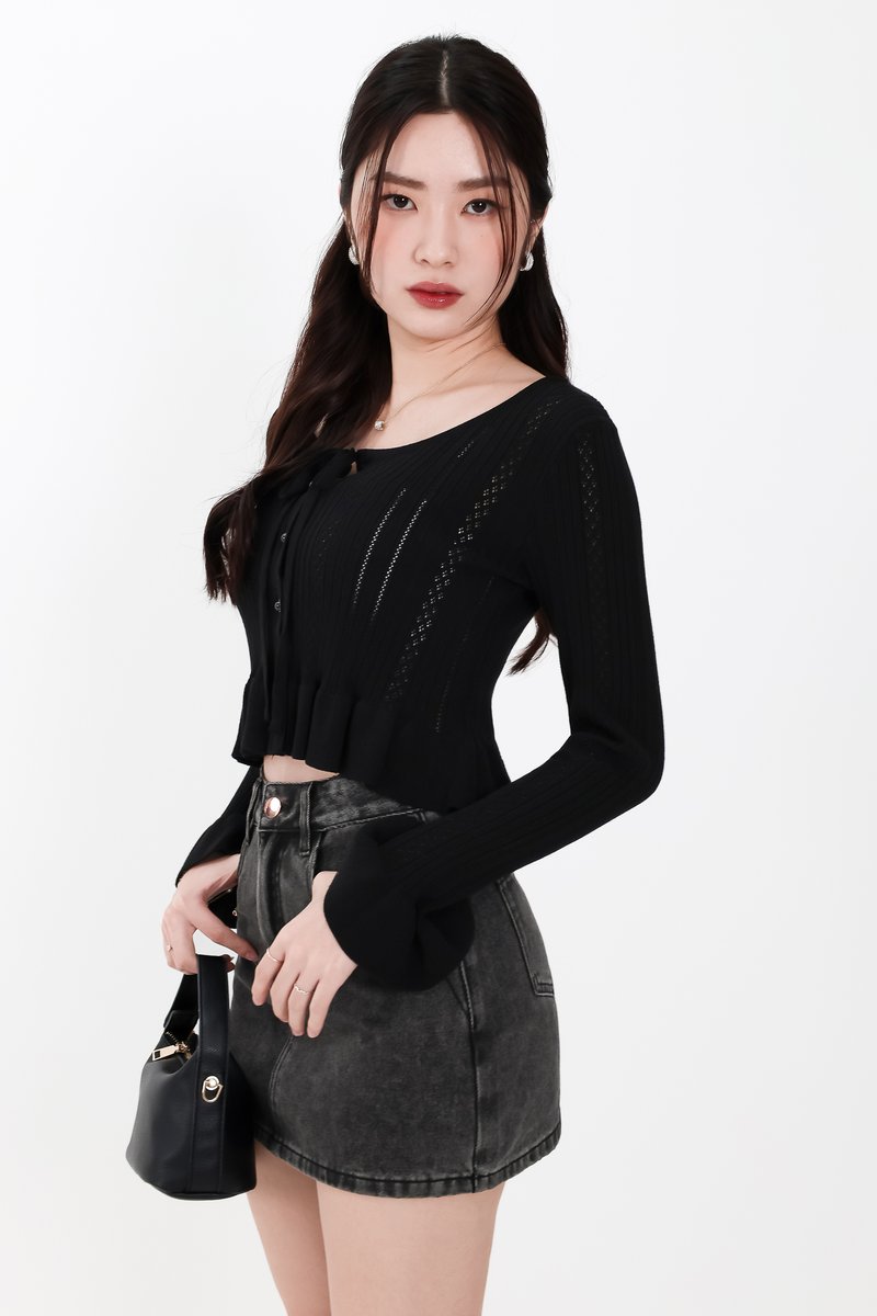 Phelia Pointelle Knit Cardigan Top in Black Phelia Pointelle Knit Cardigan Top in Black