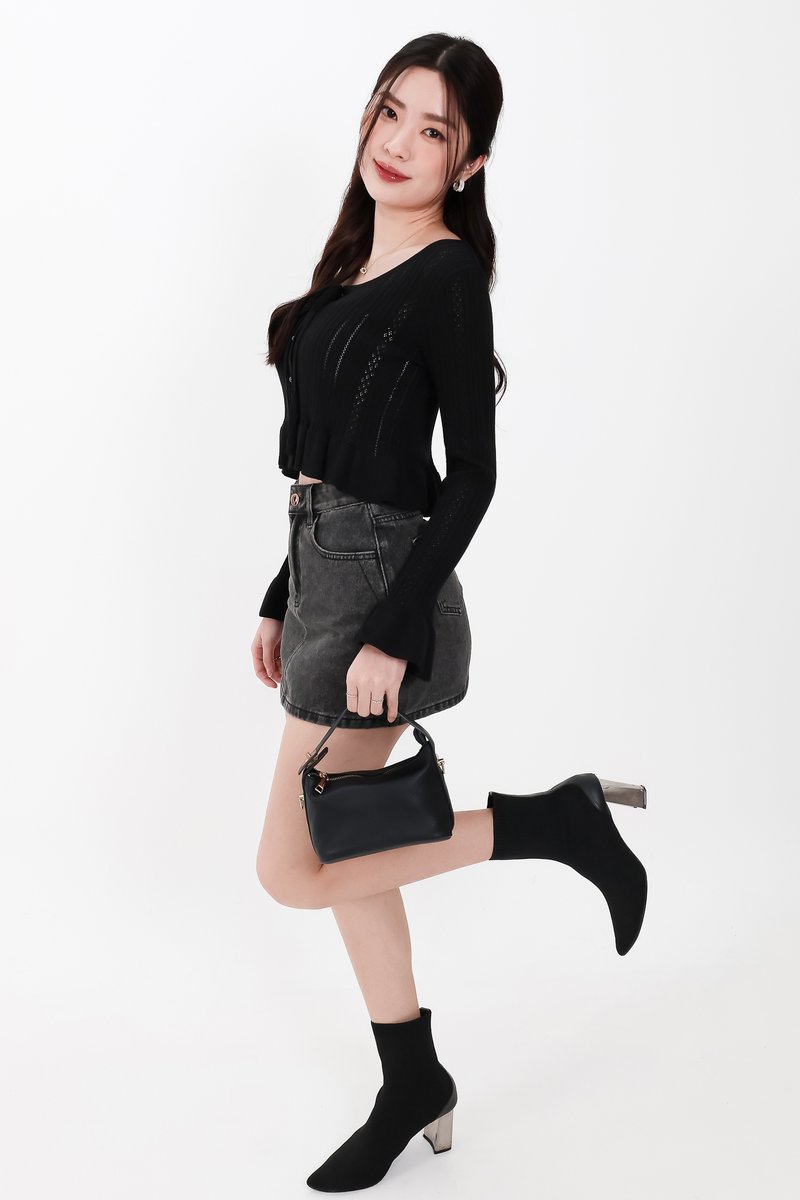 Phelia Pointelle Knit Cardigan Top in Black Phelia Pointelle Knit Cardigan Top in Black