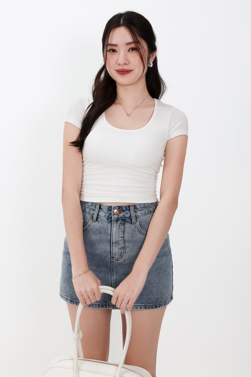 Rwella Ruched Round Neck Tee in White