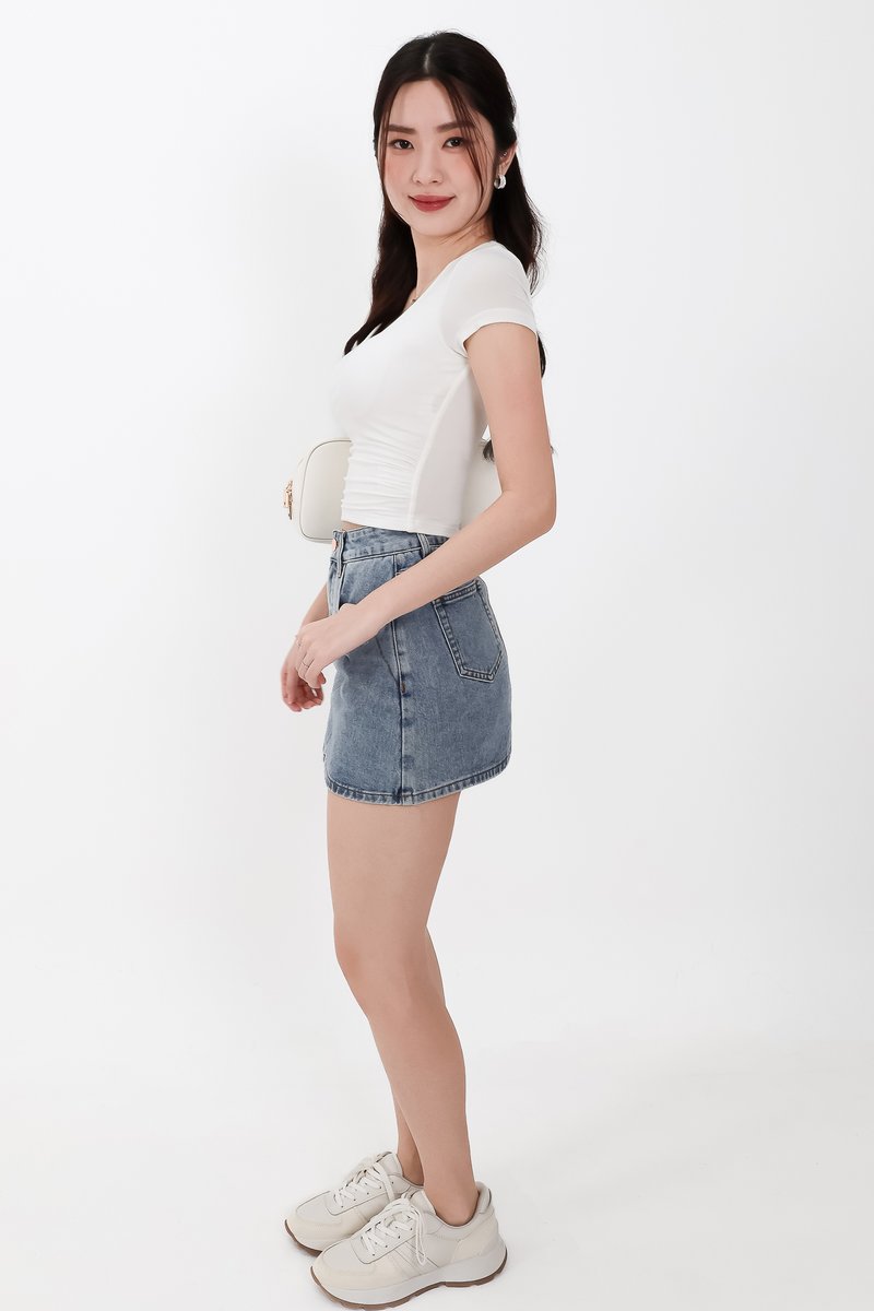 Rwella Ruched Round Neck Tee in White