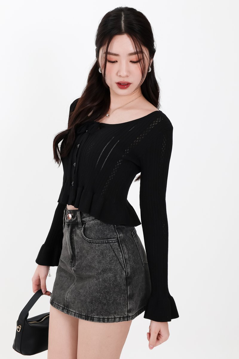 Phelia Pointelle Knit Cardigan Top in Black Phelia Pointelle Knit Cardigan Top in Black