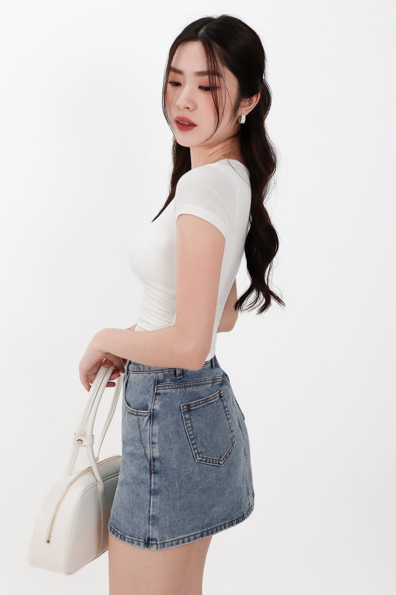 Rwella Ruched Round Neck Tee in White