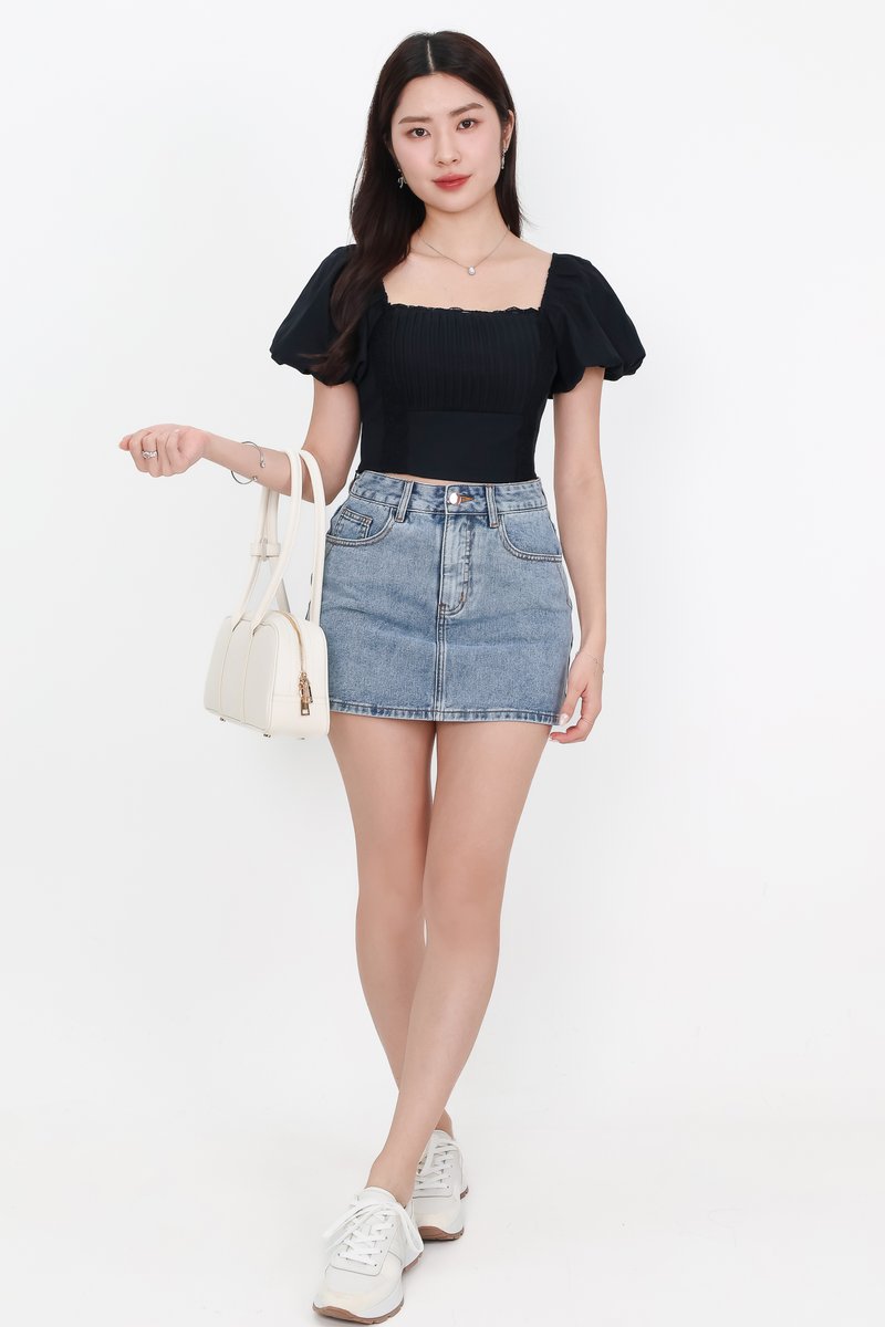 Pamela Pleated Puffy Sleeved Top in Black