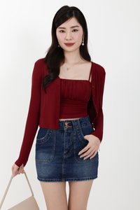 Chaerin Cardigan Top Set in Dark Red