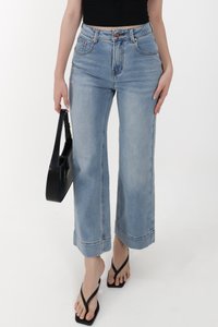 Sam Straight Cut Cuffed Hem Denim Jeans in Light Wash ( Petite Length )
