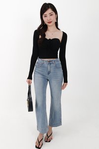 Sam Straight Cut Cuffed Hem Denim Jeans in Light Wash ( Petite Length )