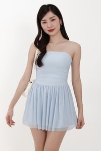 Mardy Mesh Romper Dress in Pastel Blue