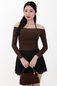 Ode Offshoulder Halter Sleeved Top in Dark Brown