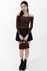 Ode Offshoulder Halter Sleeved Top in Dark Brown