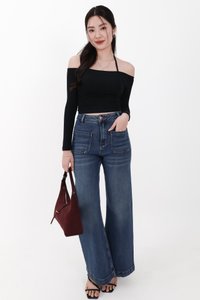 Ode Offshoulder Halter Sleeved Top in Black