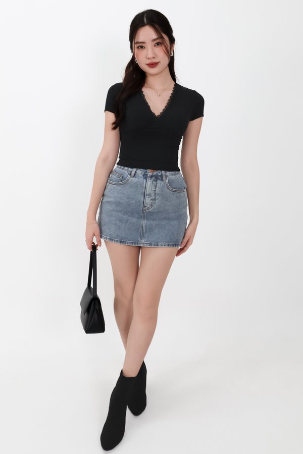 Lenna Lace Trim Tee in Black