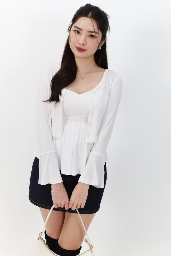 DEFECT | Bria Bell Sleeve Cardigan Top Set in White in XS