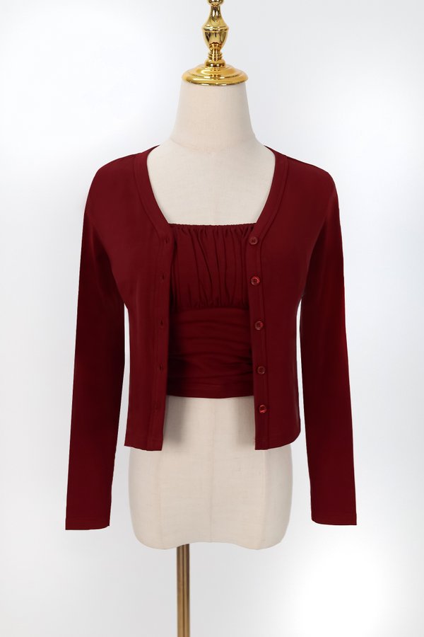 Chaerin Cardigan Top Set in Dark Red