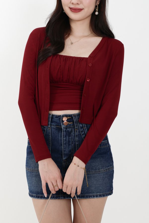 Chaerin Cardigan Top Set in Dark Red
