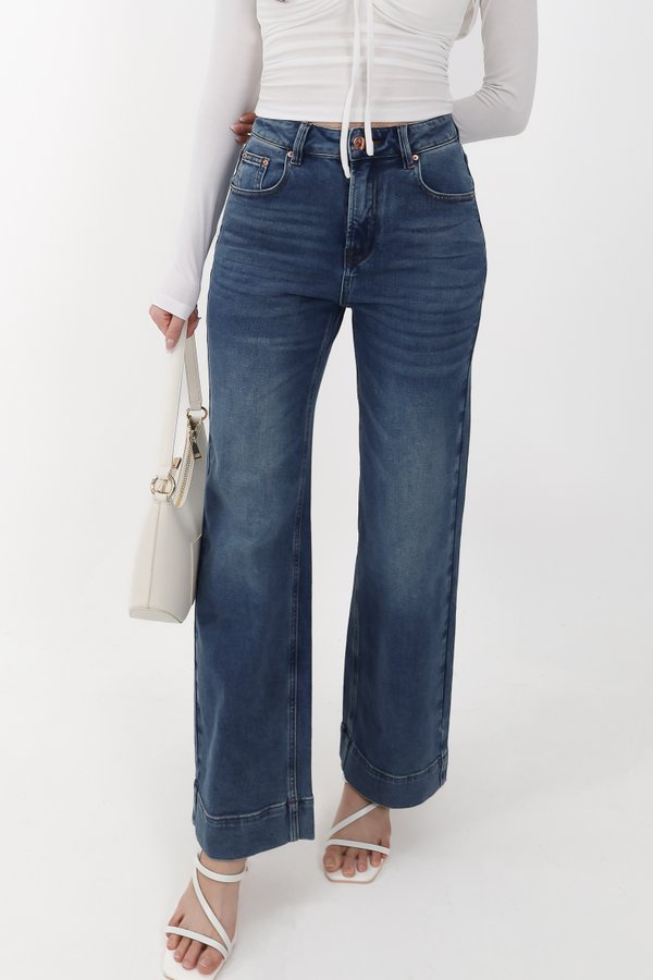 Sam Straight Cut Cuffed Hem Denim Jeans in Dark Wash ( Regular Length )