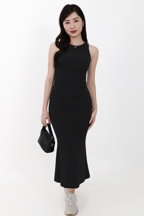 Mira Maxi Ruched Dress in Black ( Petite Length )