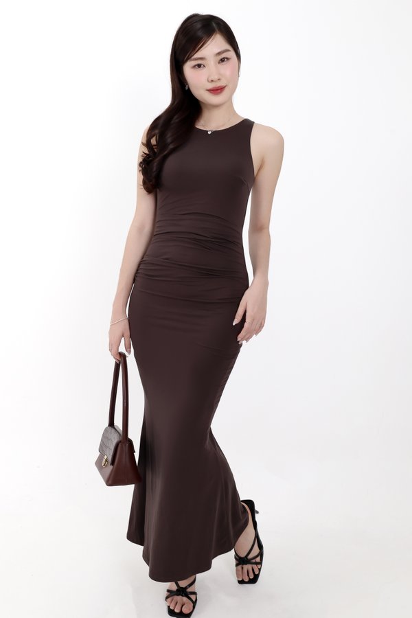 Mira Maxi Ruched Dress in Dark Brown ( Regular Length )