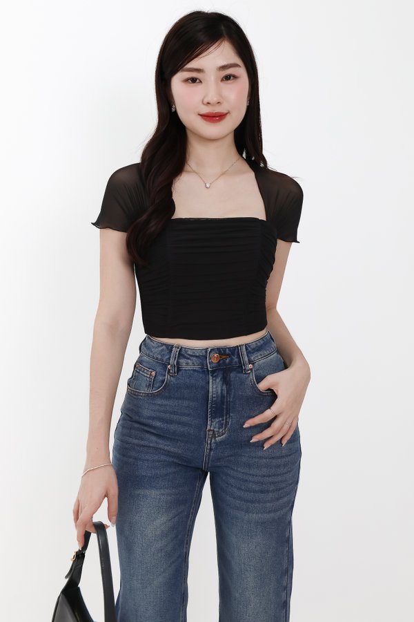 Sebin Sleeved Mesh Top in Black