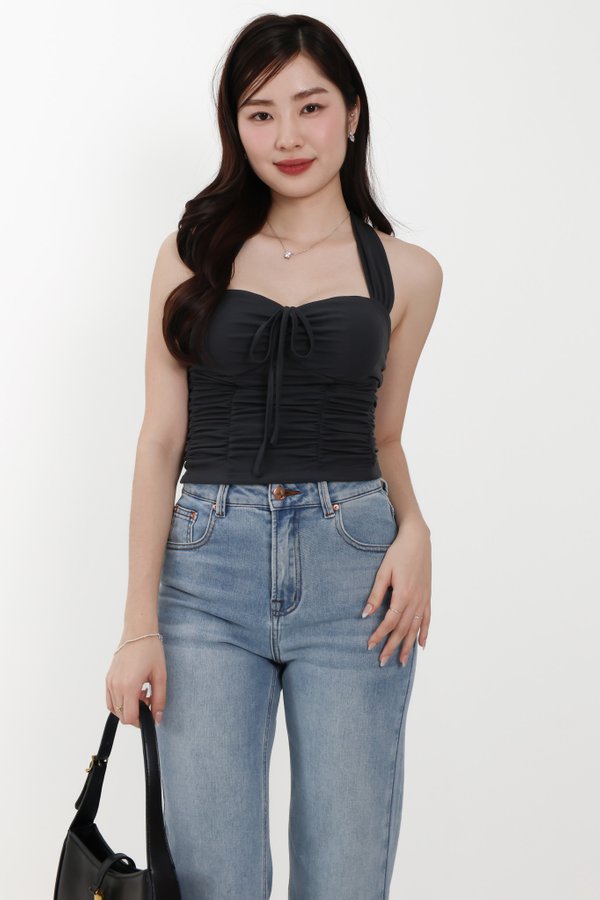 Roxie Ruched Halter Top in Dark Grey