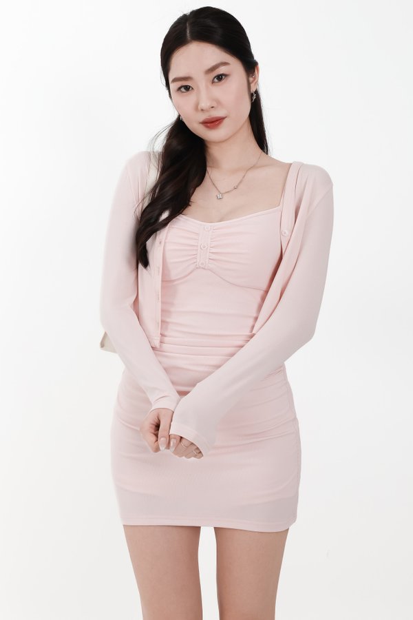 Chaewon Cardigan Romper Dress Set in Light Pink