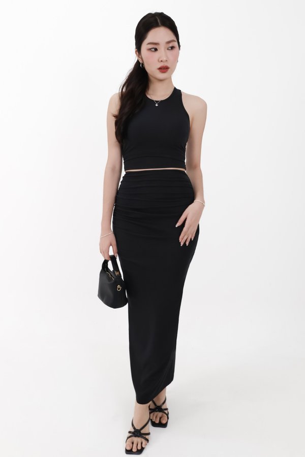 Corina Co-ord Ruched Maxi Skirt in Black ( Petite Length )