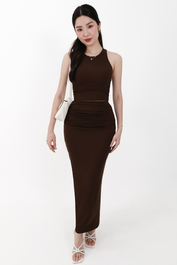 Corina Co-ord Ruched Maxi Skirt in Dark Brown ( Regular Length )