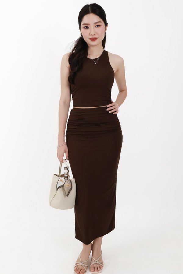 Corina Co-ord Ruched Maxi Skirt in Dark Brown ( Petite Length )