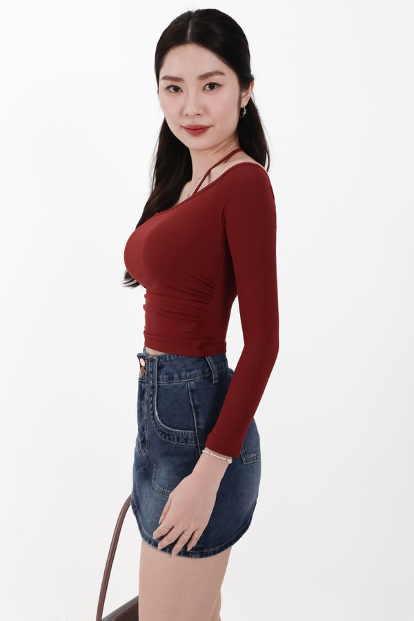 DEFECT | Ode Offshoulder Halter Sleeved Top in Muted Red in M