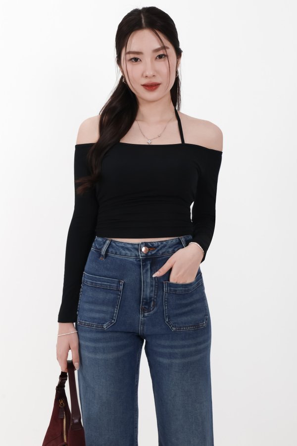 Ode Offshoulder Halter Sleeved Top in Black