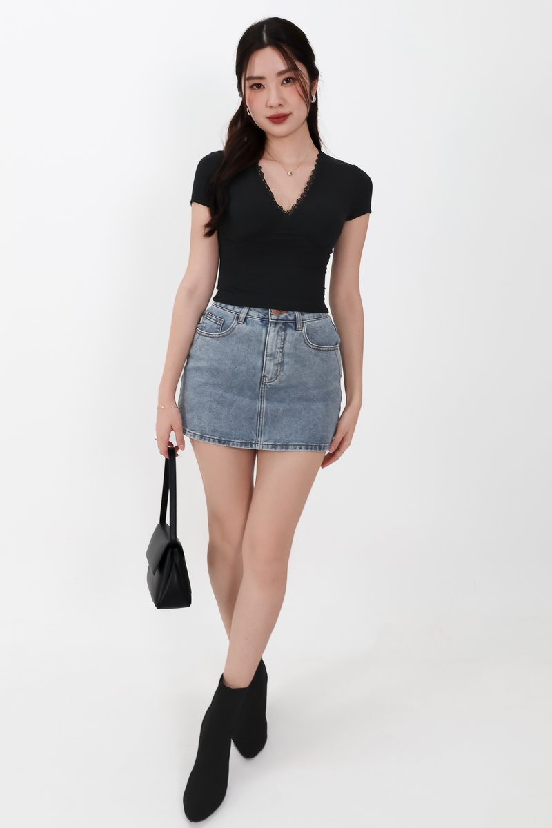 Lenna Lace Trim Tee in Black
