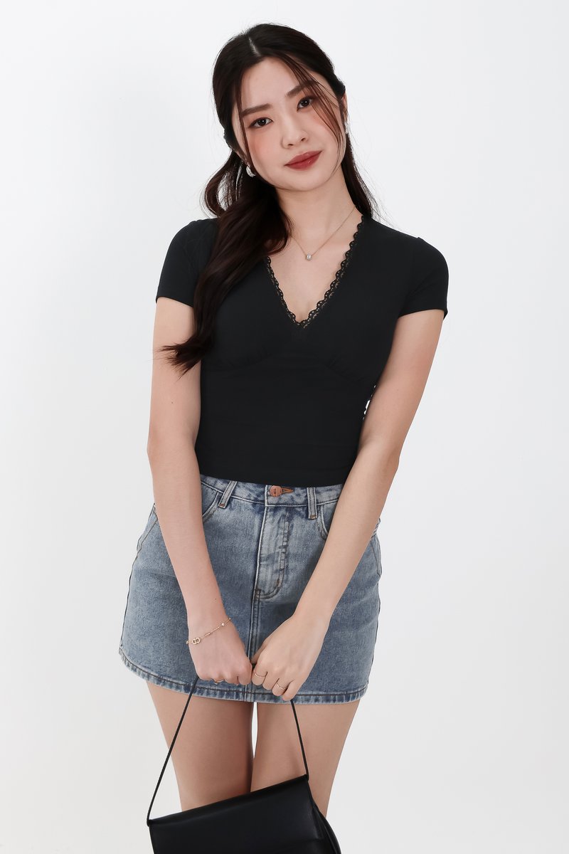 Lenna Lace Trim Tee in Black