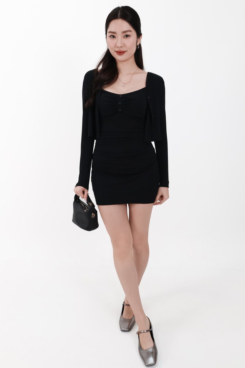 Chaewon Cardigan Romper Dress Set in Black