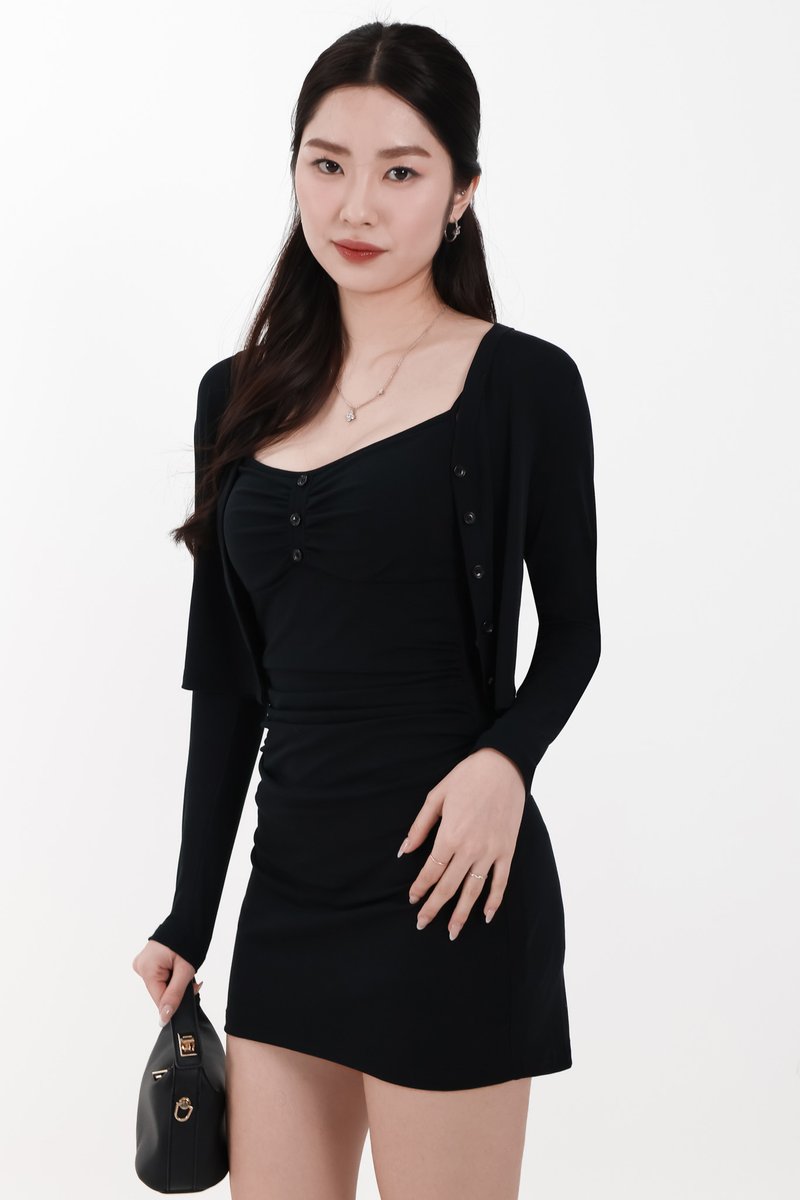 Chaewon Cardigan Romper Dress Set in Black