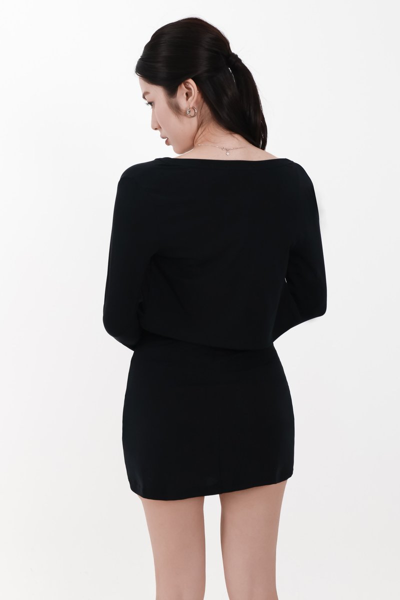 Chaewon Cardigan Romper Dress Set in Black