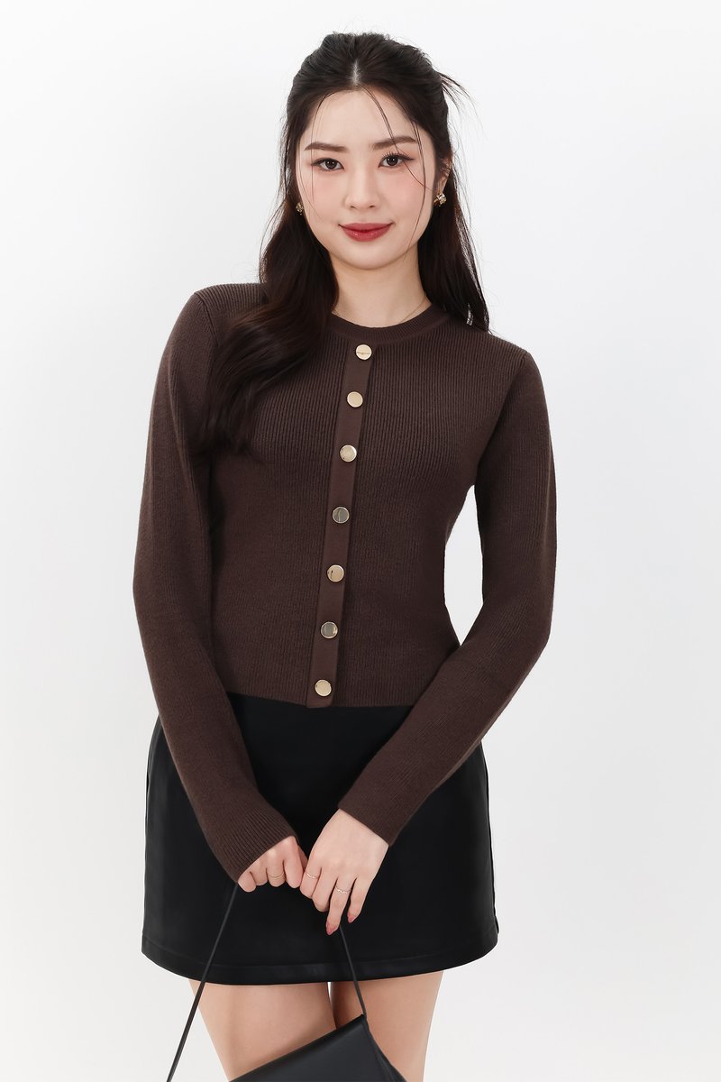 Bridgette Button Knit Sweater in Dark Cool Brown