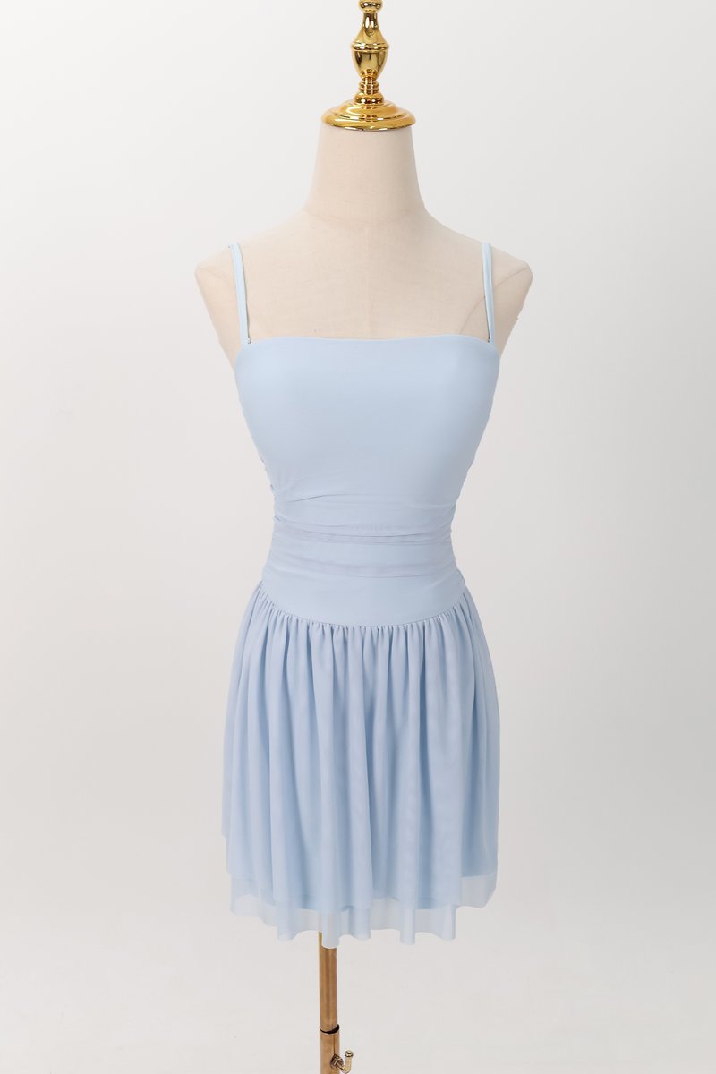 Mardy Mesh Romper Dress in Pastel Blue