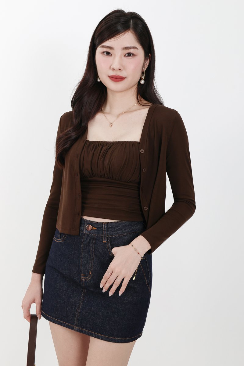 Chaerin Cardigan Top Set in Brown