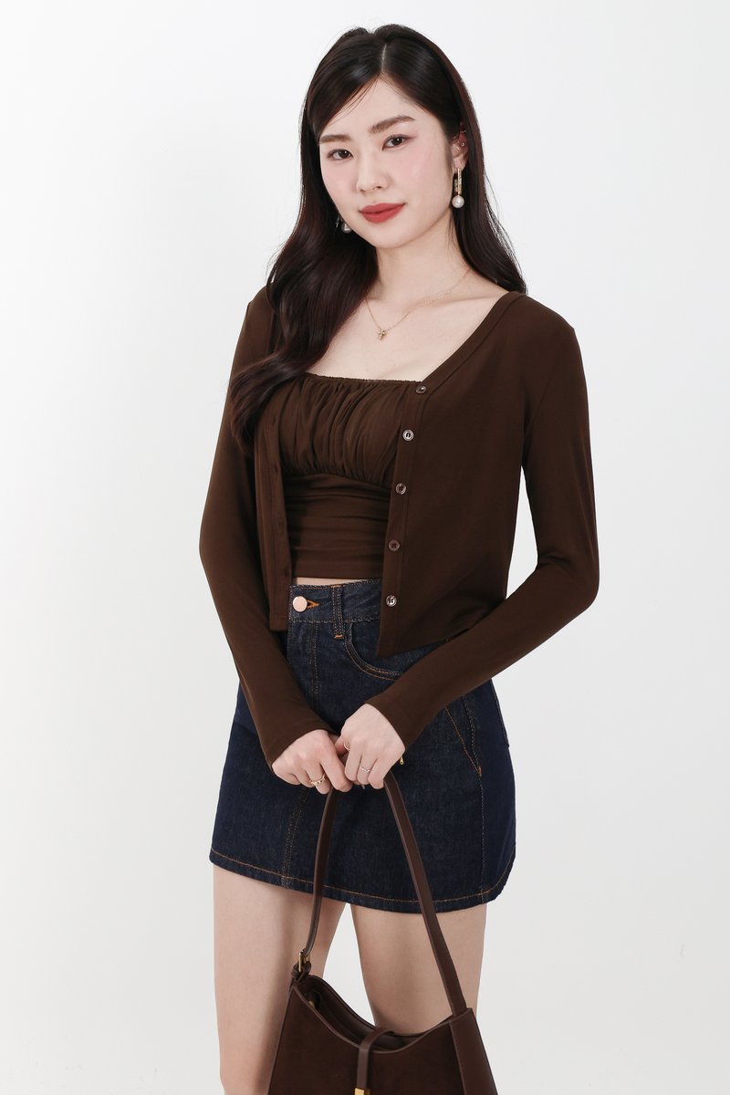 Chaerin Cardigan Top Set in Brown