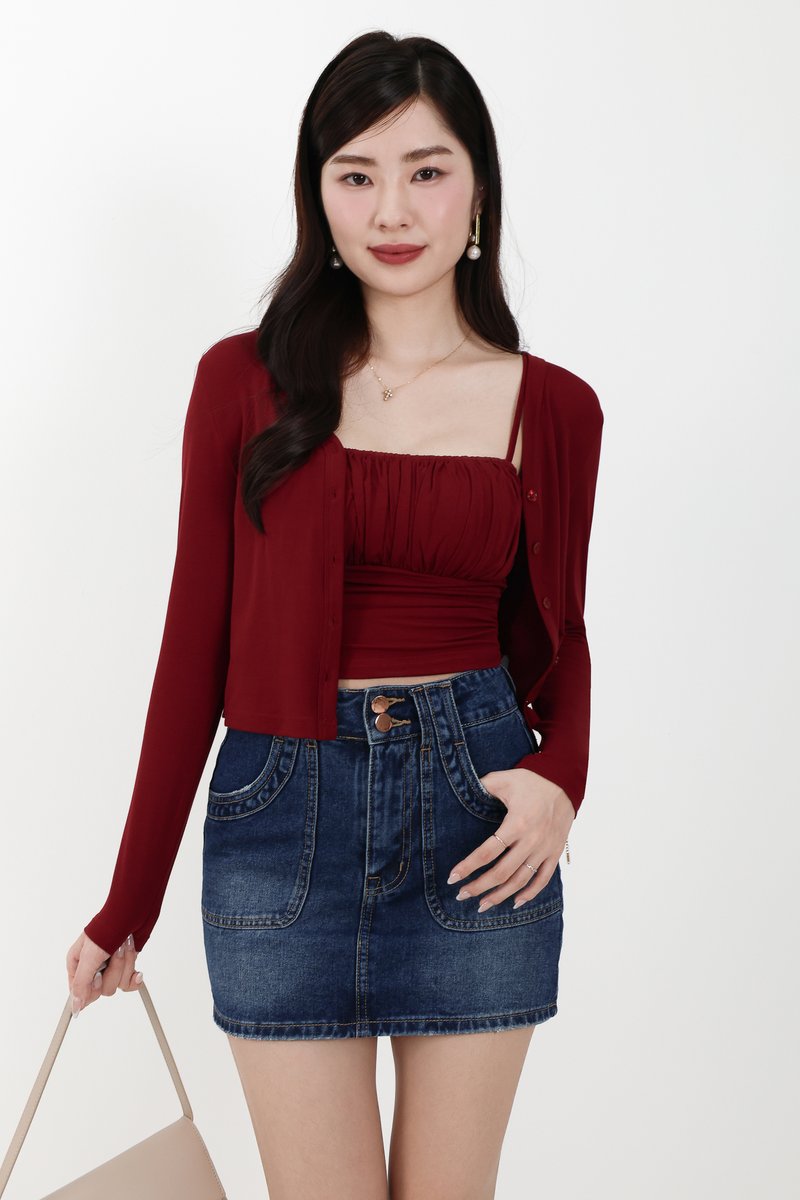 Chaerin Cardigan Top Set in Dark Red