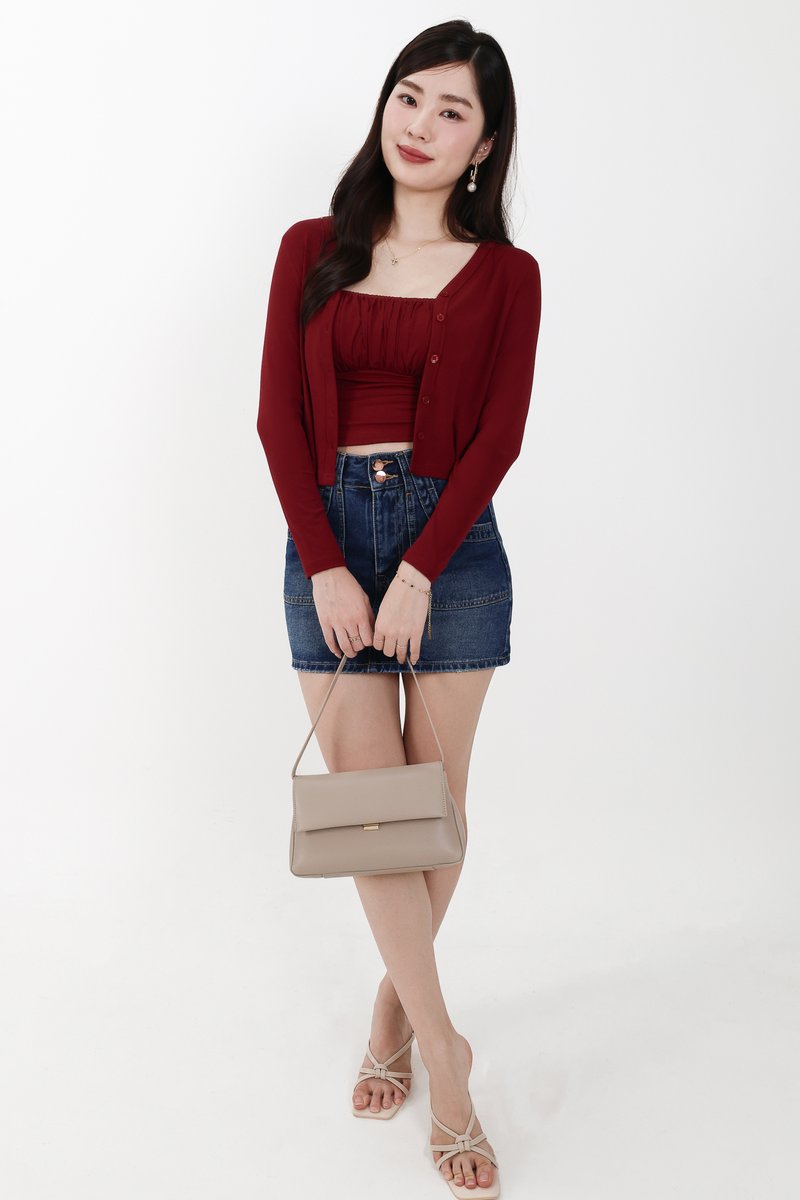 Chaerin Cardigan Top Set in Dark Red