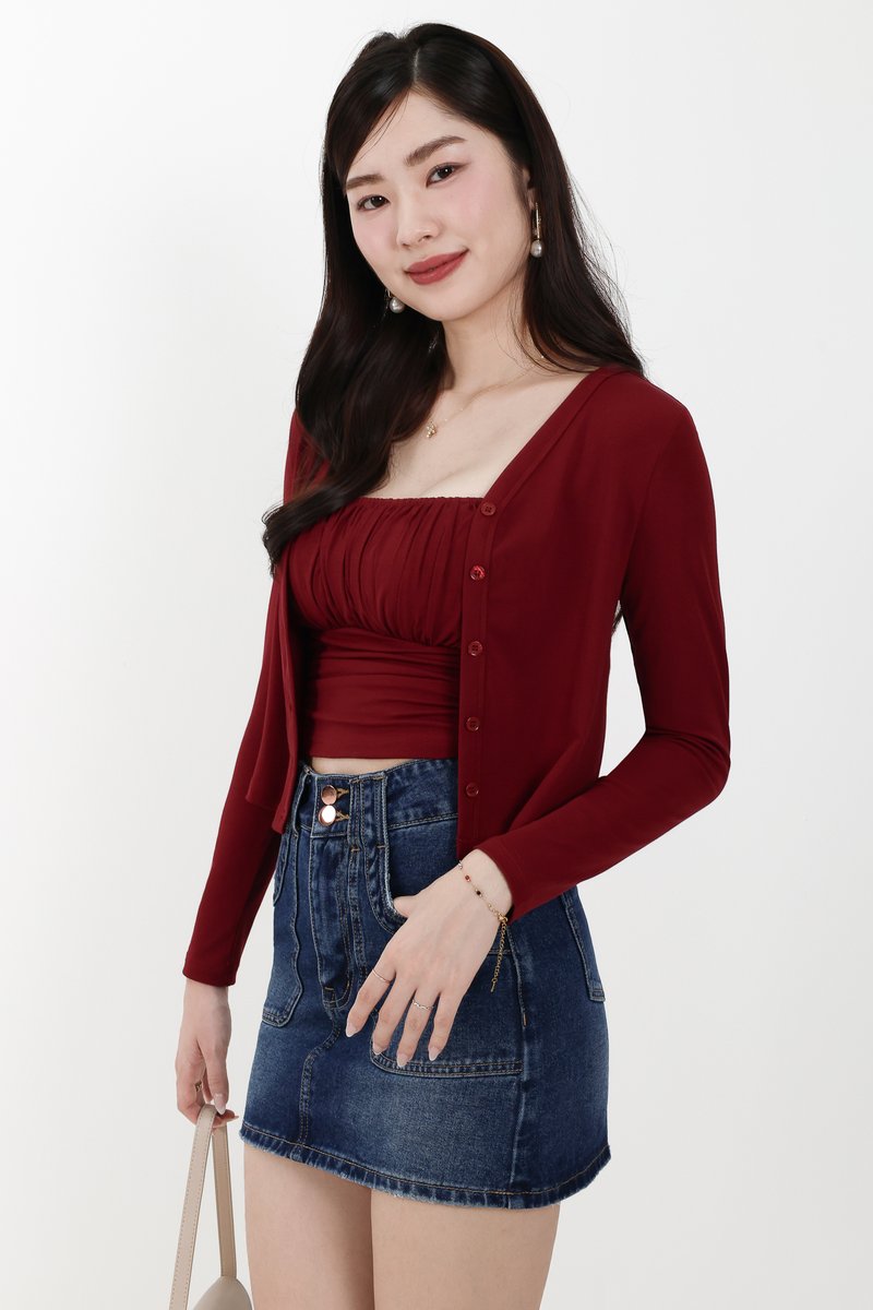 Chaerin Cardigan Top Set in Dark Red