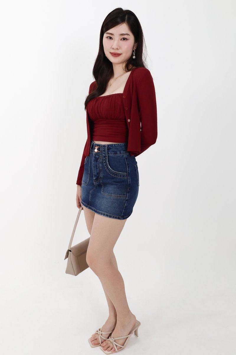 Chaerin Cardigan Top Set in Dark Red