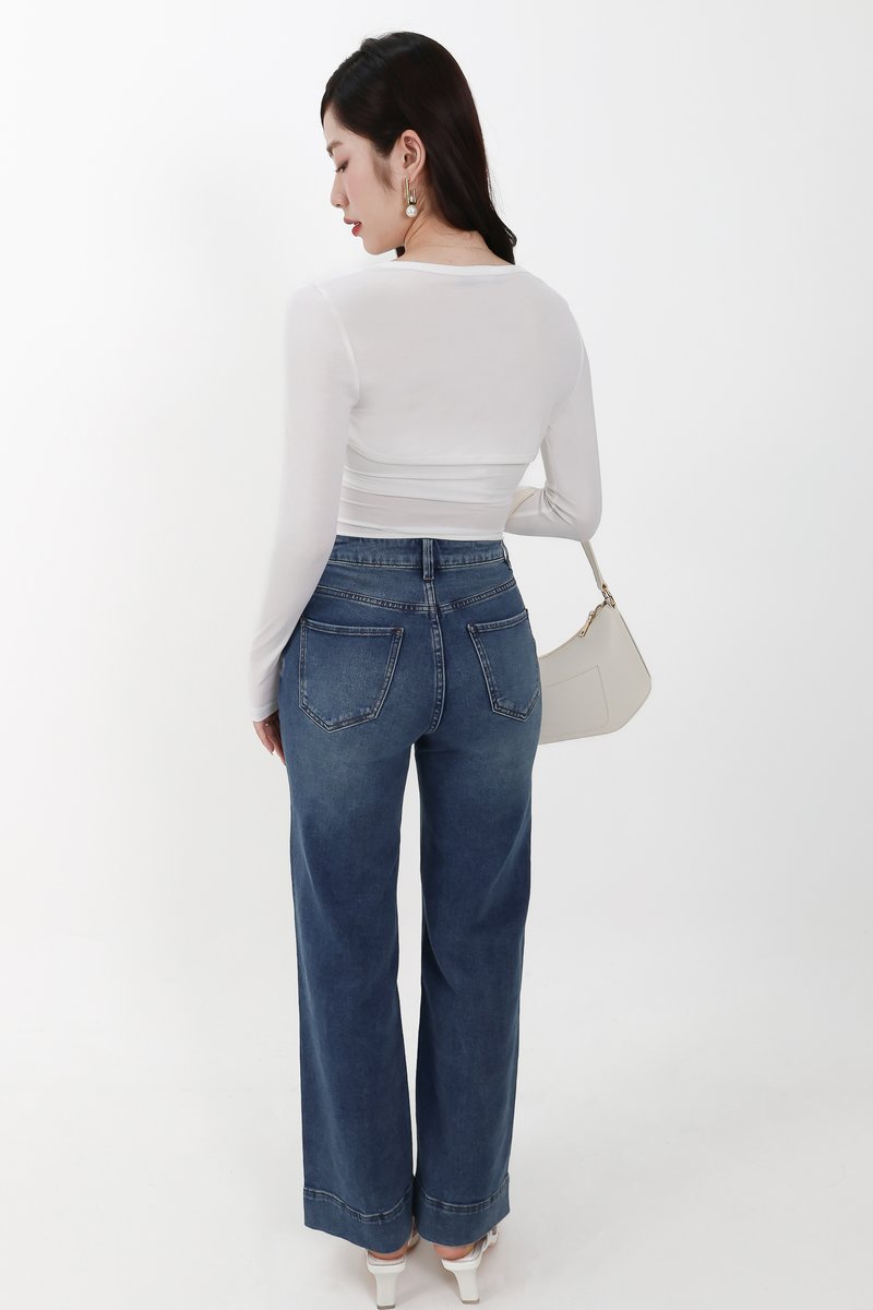 Sam Straight Cut Cuffed Hem Denim Jeans in Dark Wash ( Regular Length )