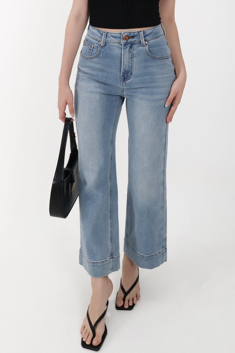 Sam Straight Cut Cuffed Hem Denim Jeans in Light Wash ( Petite Length )