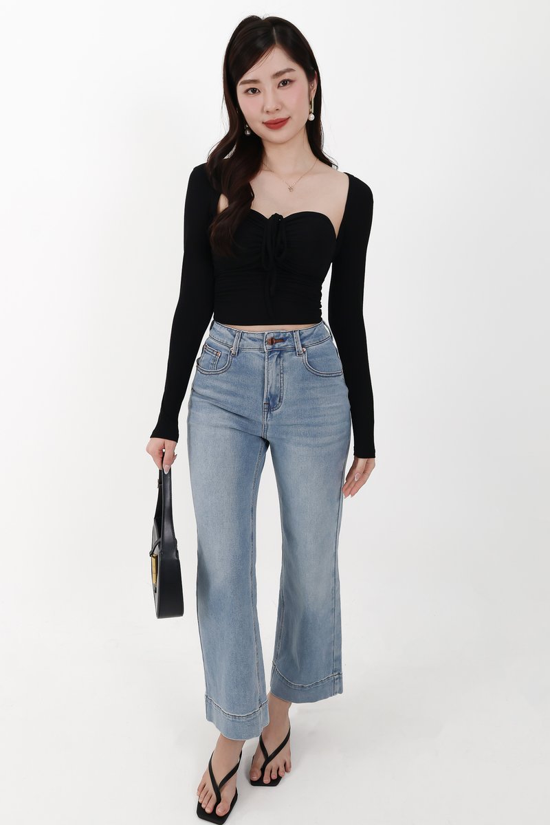 Sam Straight Cut Cuffed Hem Denim Jeans in Light Wash ( Petite Length )
