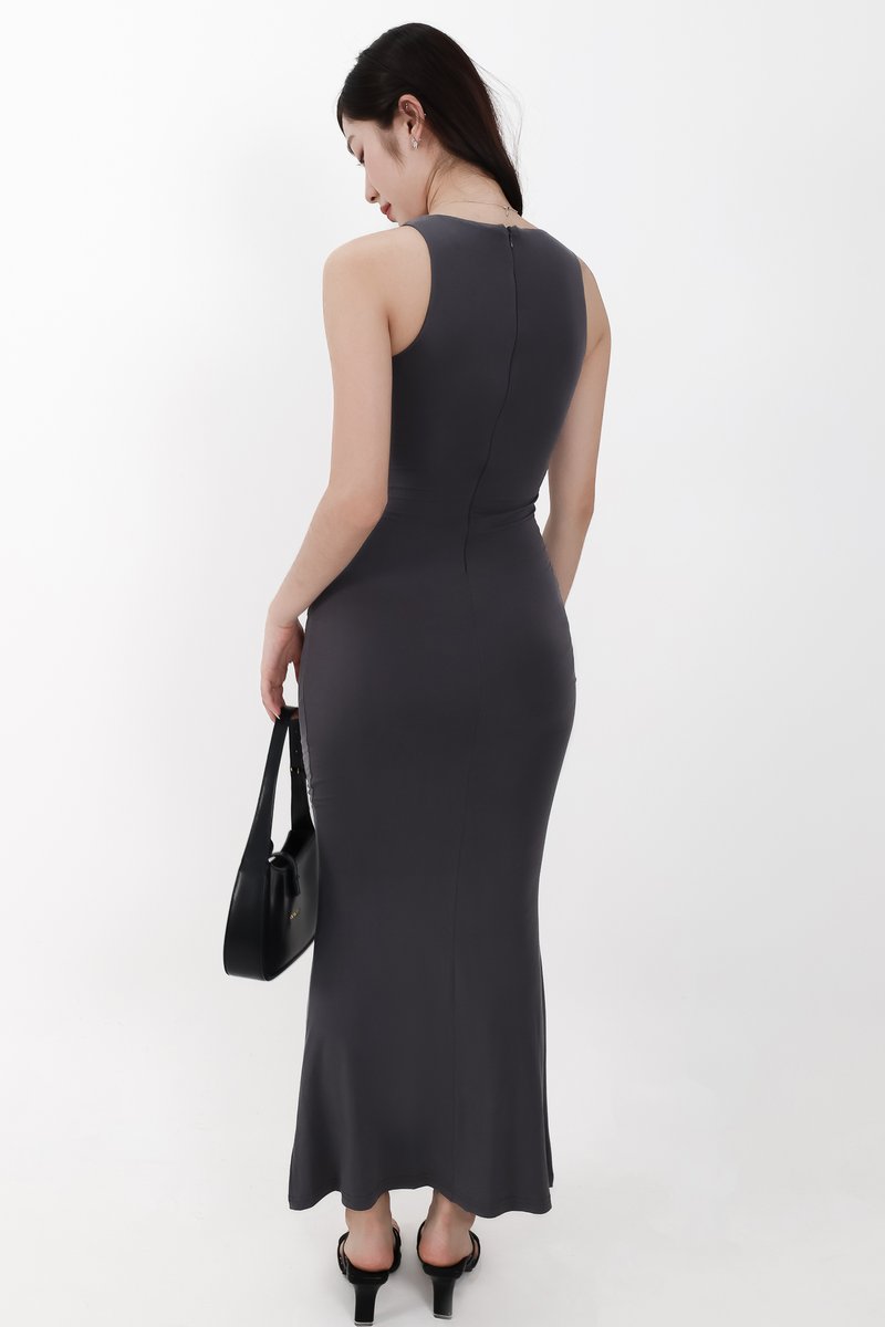 Mira Maxi Ruched Dress in Dark Grey ( Regular Length )