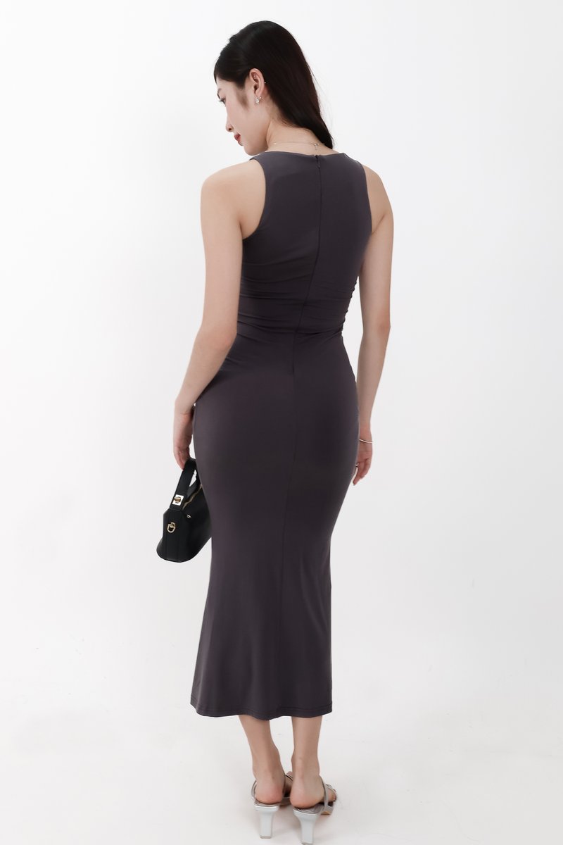 Mira Maxi Ruched Dress in Dark Grey ( Petite Length )