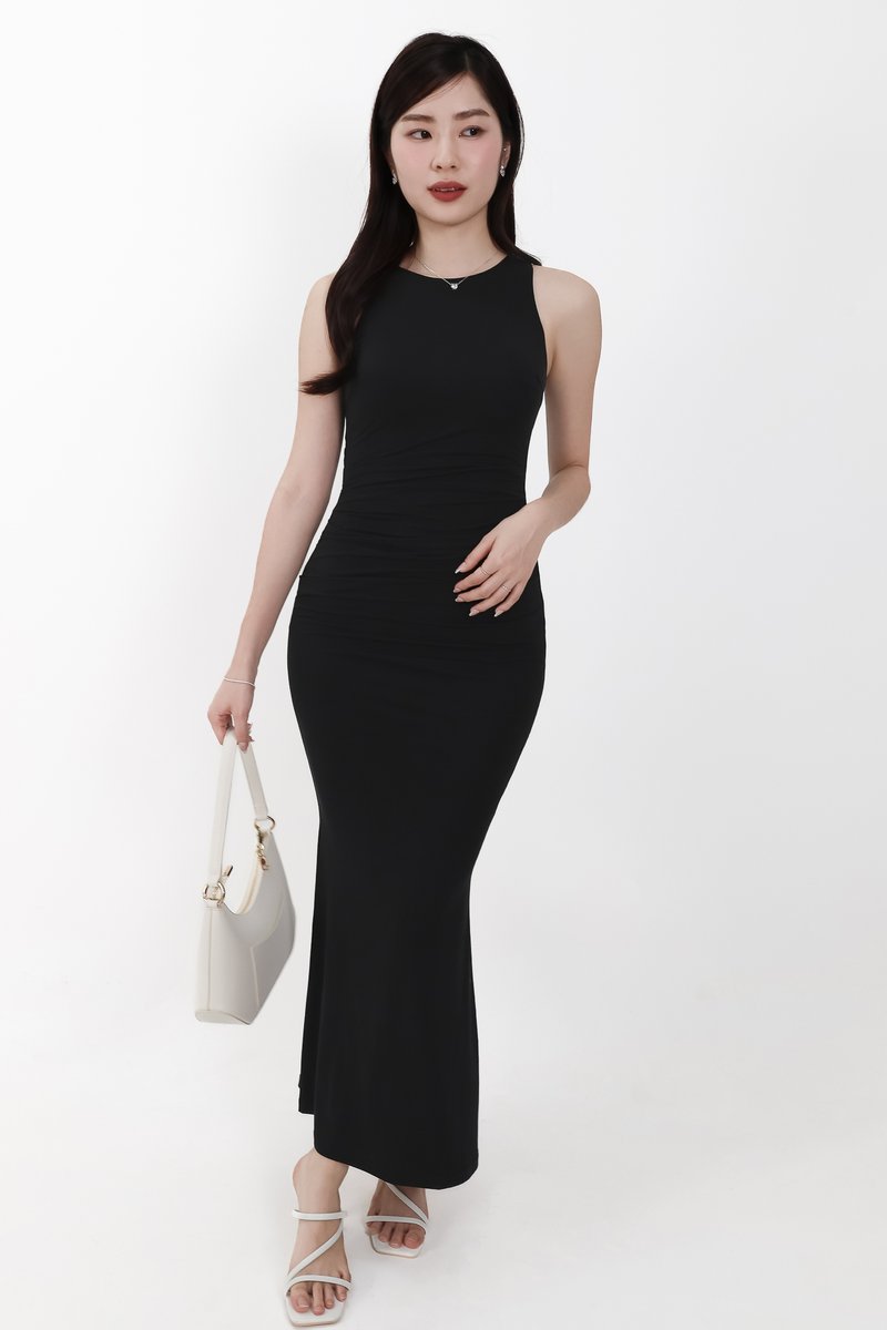 Mira Maxi Ruched Dress in Black ( Regular Length )