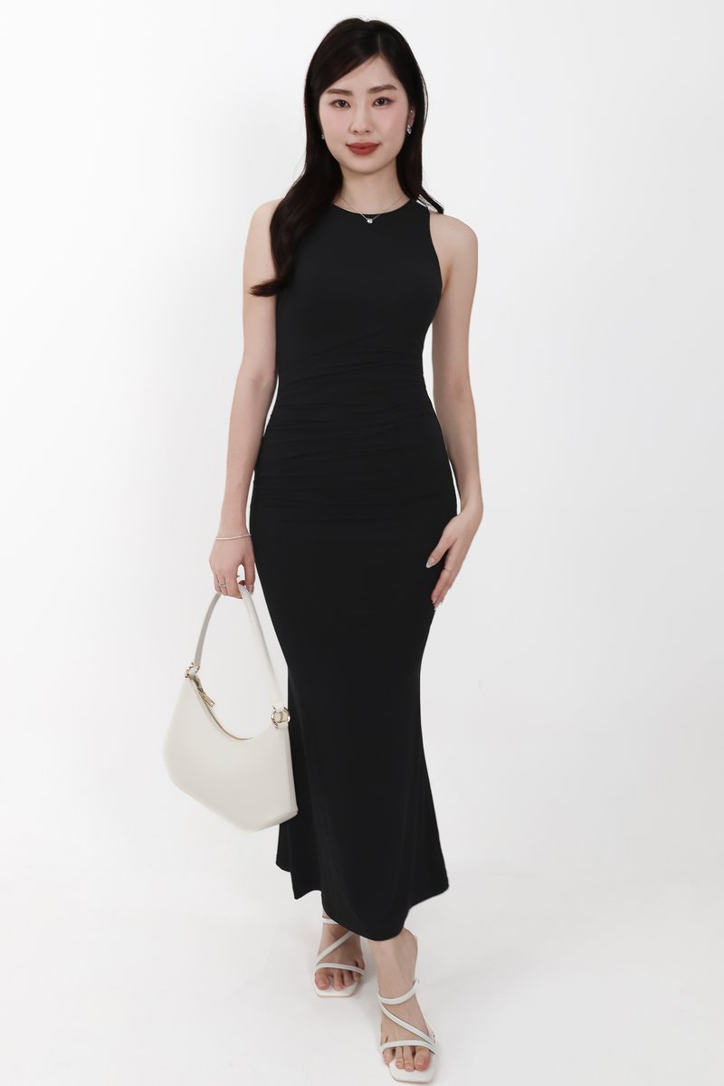 Mira Maxi Ruched Dress in Black ( Regular Length )